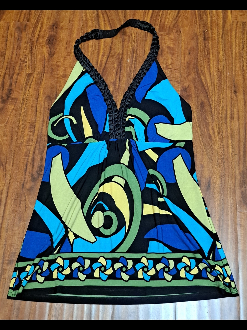 Ladies Y2K Bisou Bisou Blue Green Abstract Halter Top Sz M Vintage Boho